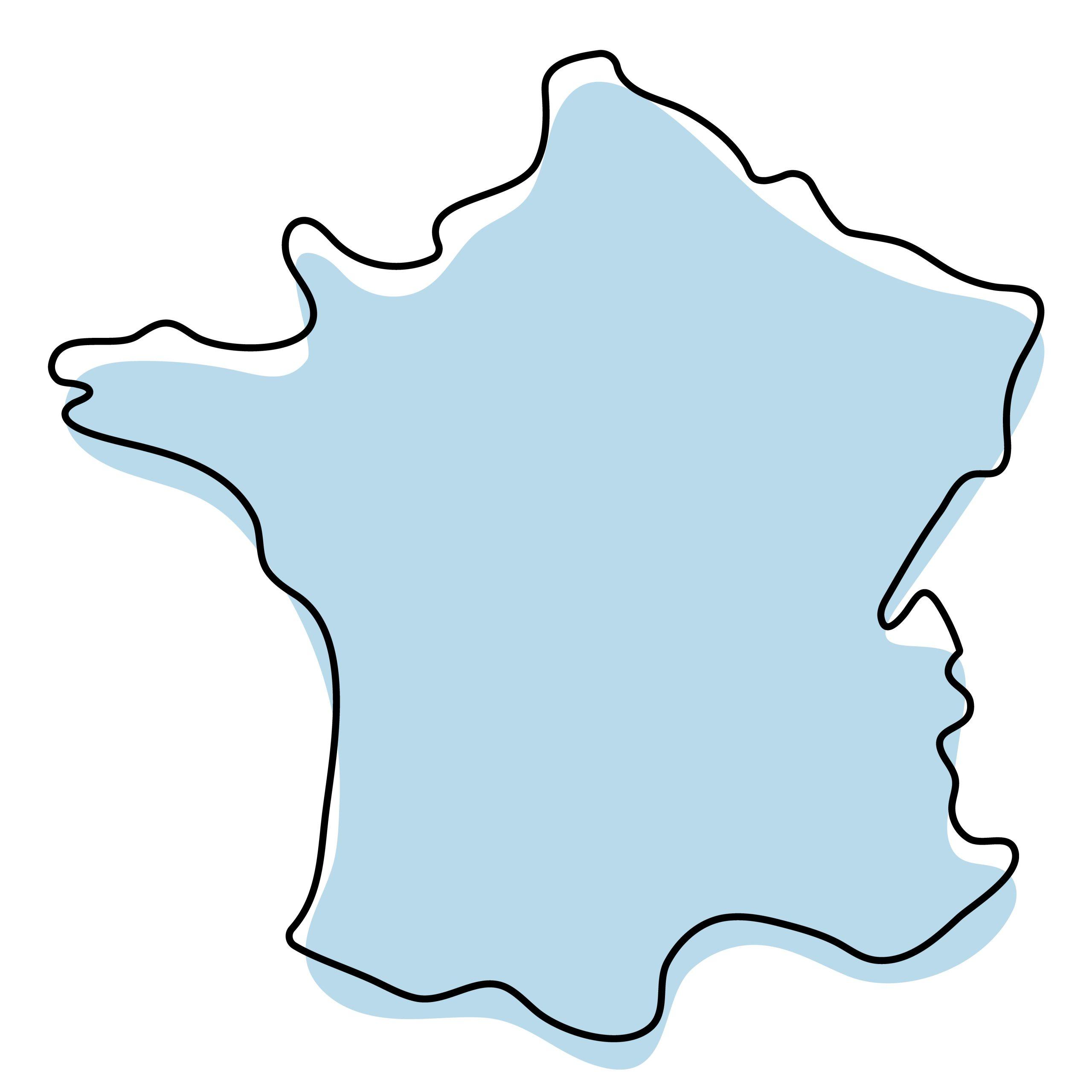 Stylized simple outline map of France icon. Blue sketch map of France vector illustration